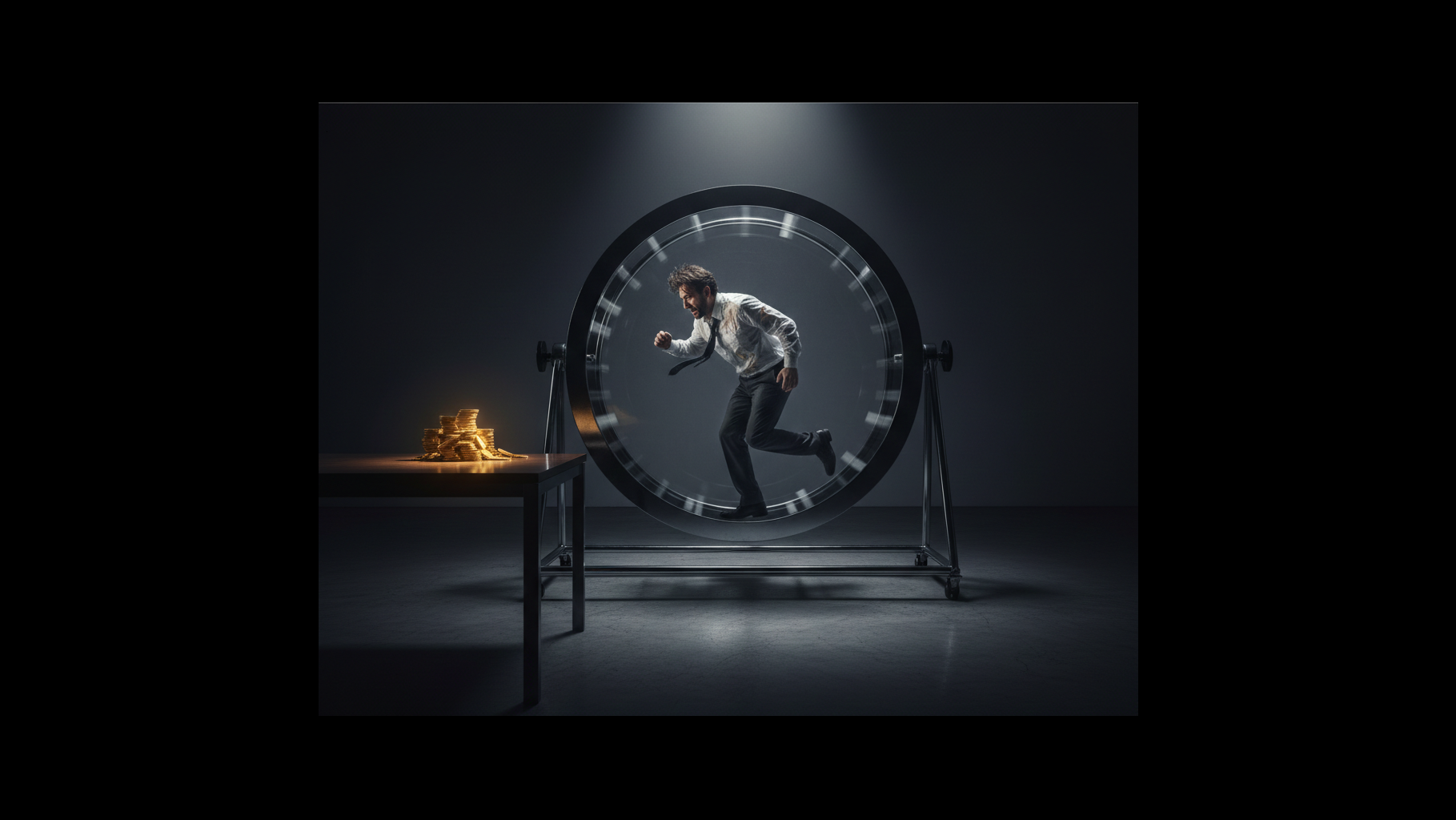 Homem correndo em uma roda de hamster com um cifrão fora de alcance.