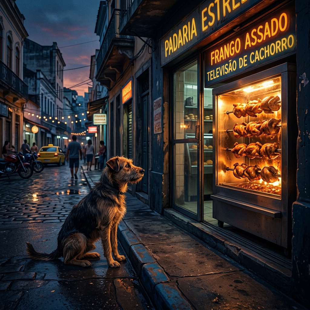 Um cachorro vira-lata sentado na calçada de uma padaria brasileira ao anoitecer, olhando fixamente para uma máquina de frango assado que brilha com um calor dourado.