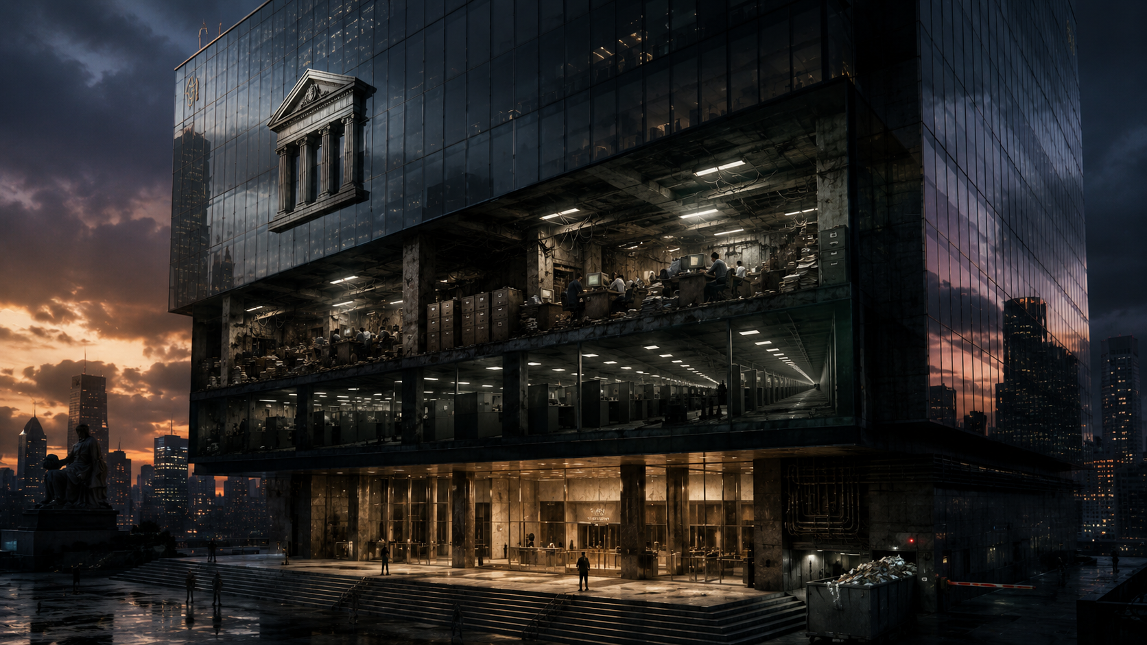 Grande edifício corporativo de vidro com interior burocrático, decadente e opressivo